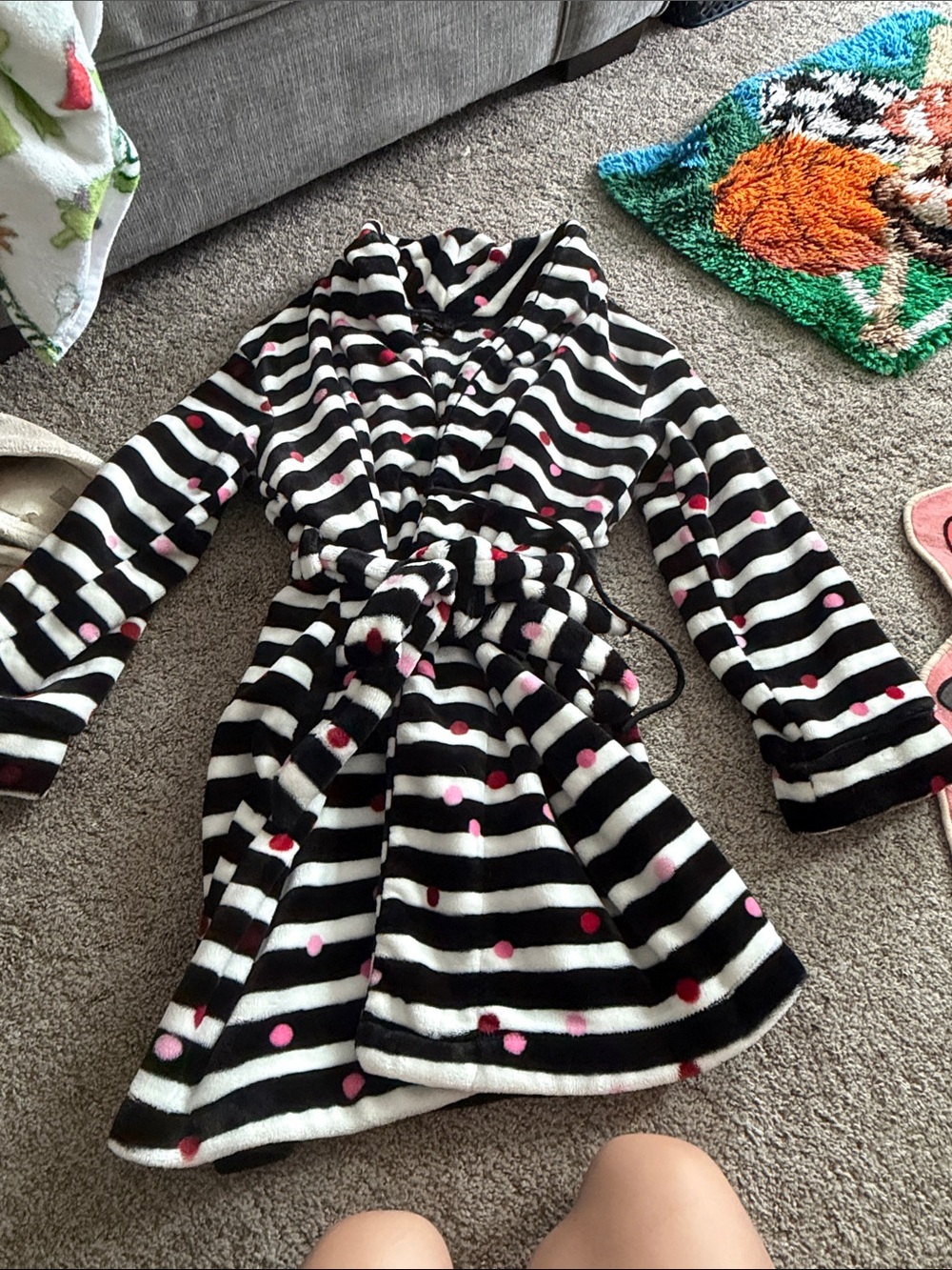 Striped Polka Dot Plush Robe in Black, White & Pink Kate Spade